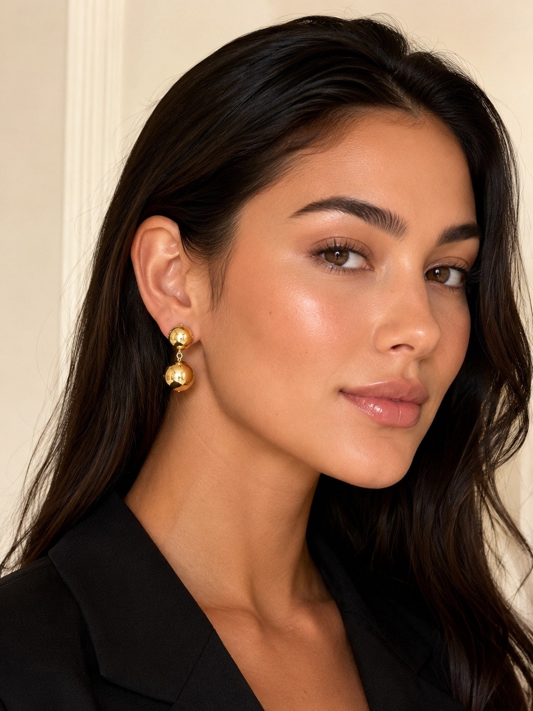 Gold Tone Double Ball Drop Dangle Statement Stud Earrings
